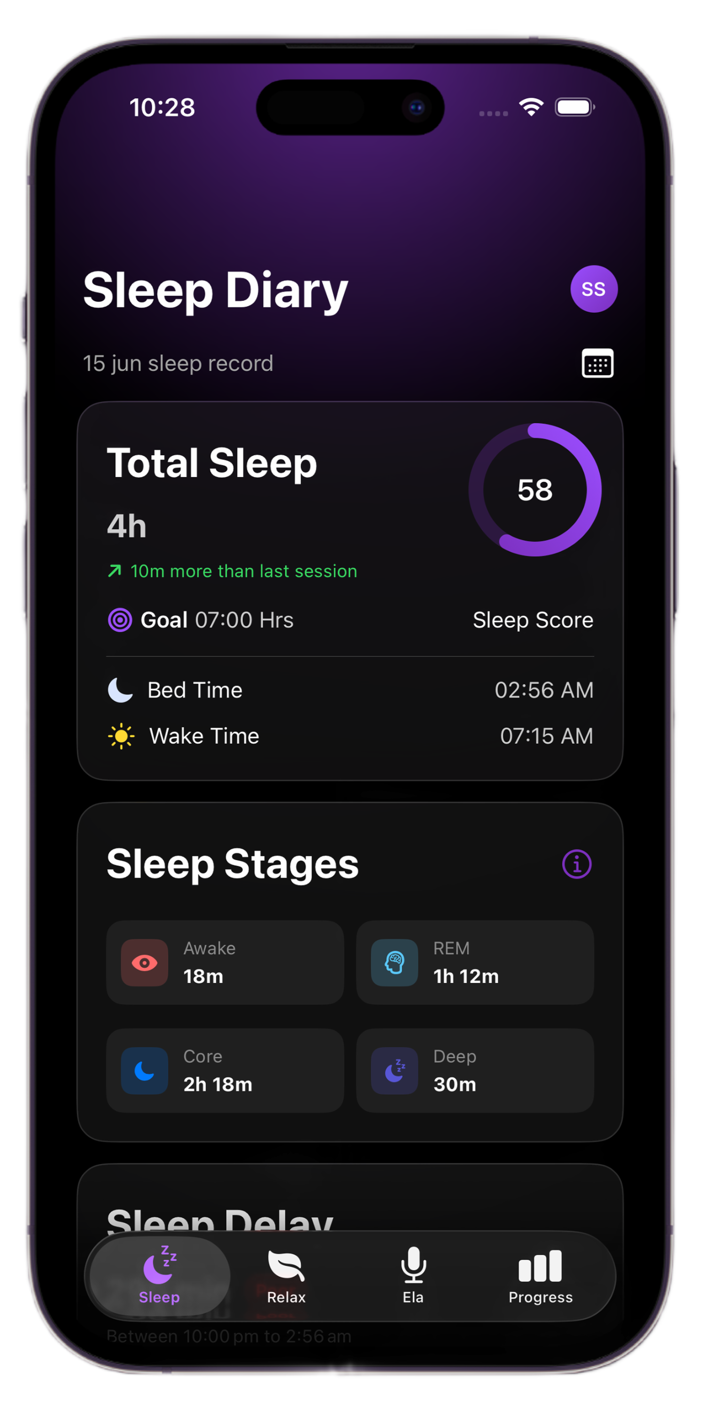 Renap Sleep Dashboard showing sleep score, sleep stages, heart rate, bed time, wake time, and sleep delay tracking based on CBT-I guidelines